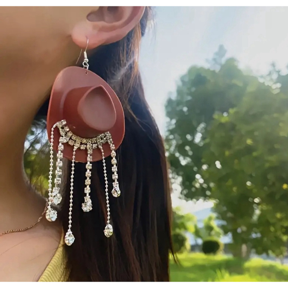 Boutique Jewelry - Brown Cowboy Hat with Rhinestone Dangle Earrings
